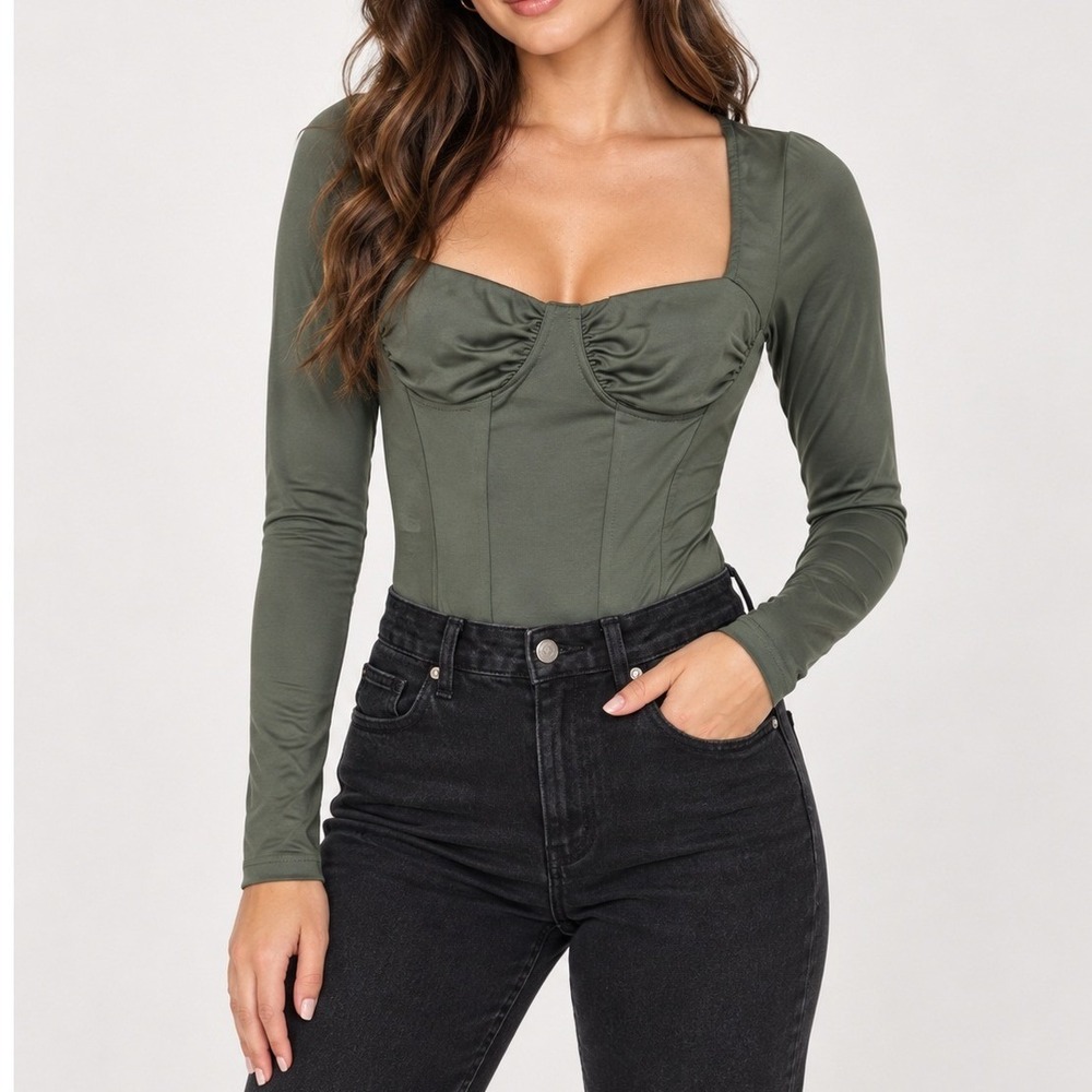 Olive Green Corset Bodysuit Women M Ruched Bust Square Neck Long Sleeve